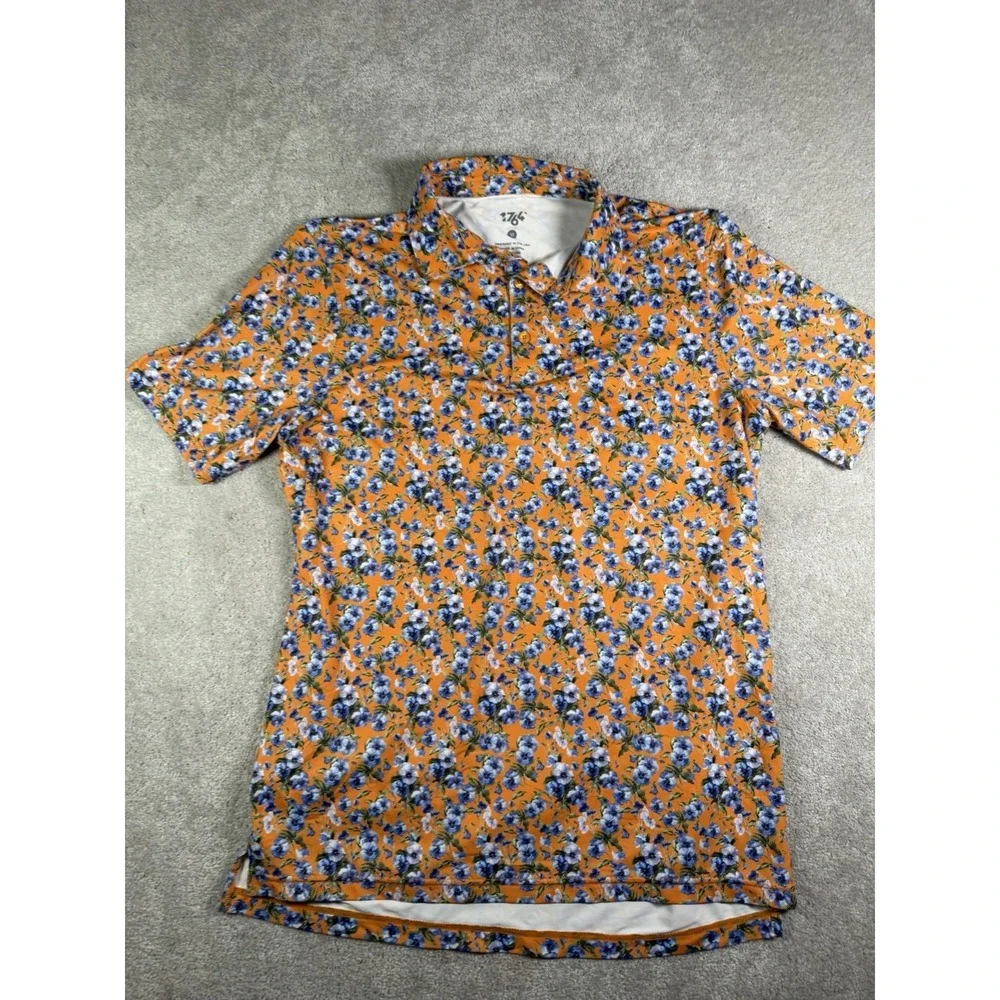 1764 Polo Shirt Mens M Orange All over Floral Print Golf Performance Stretch